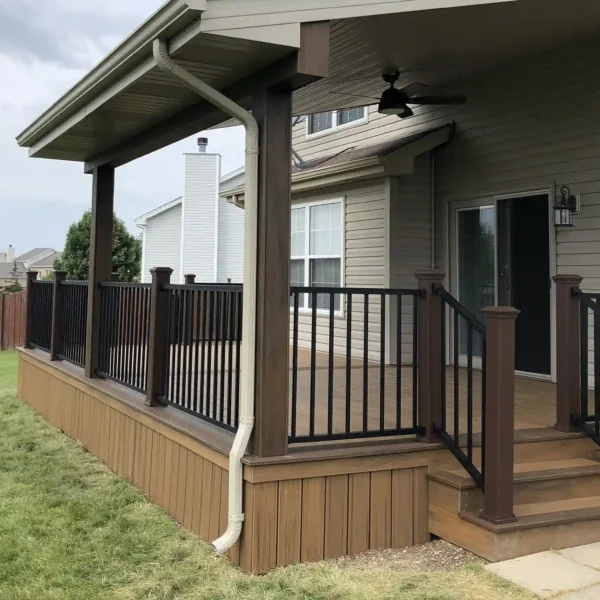 covered porch with a roof, wooden decking, black metal railings, and stairs leading to the yard. a ceiling fan is installed.