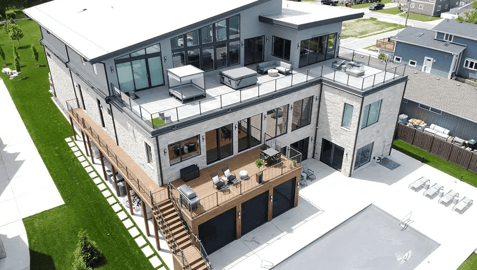 elaborate outdoor living space project with rooftop decks, elevated decks, and patio