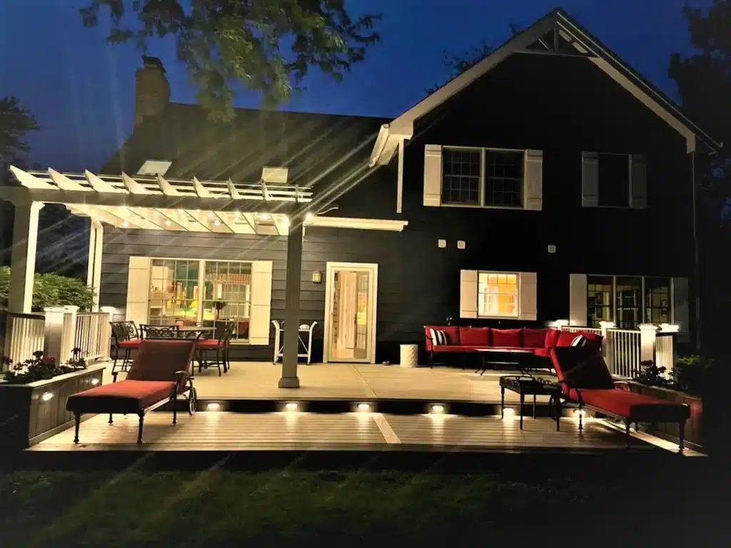 multi-level deck with pergola and deck lighting - deck builders in chicago suburbs