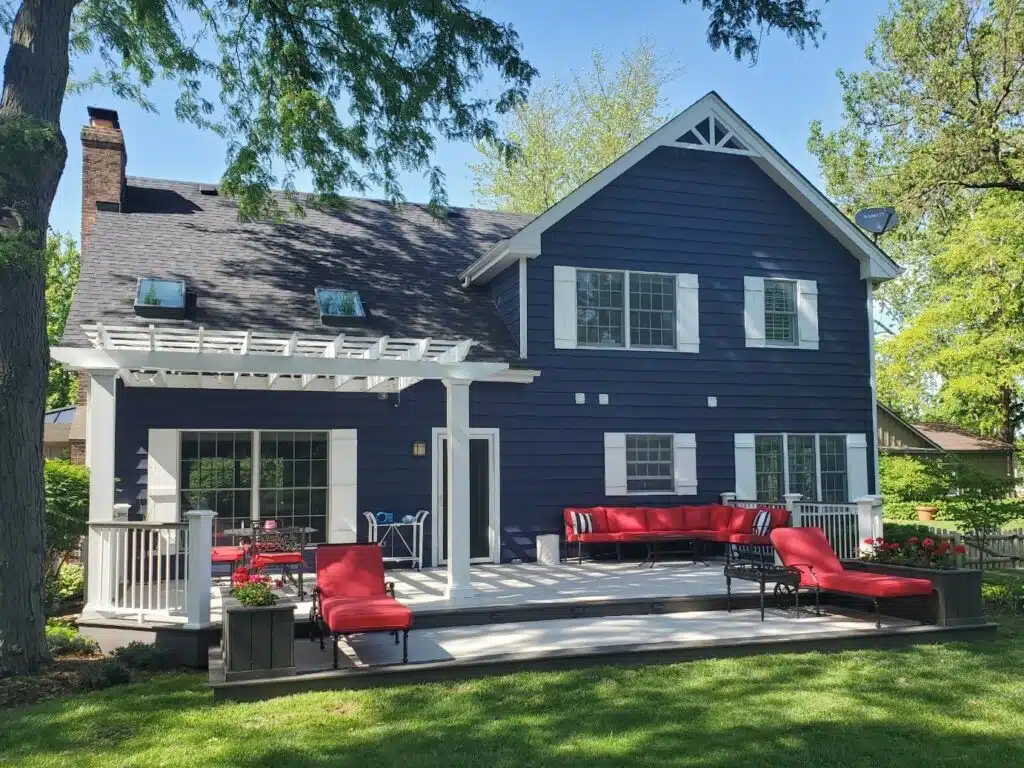 photo of outdoor deck with pergola - custom covered deck builder and contractor chicago suburbs illinois