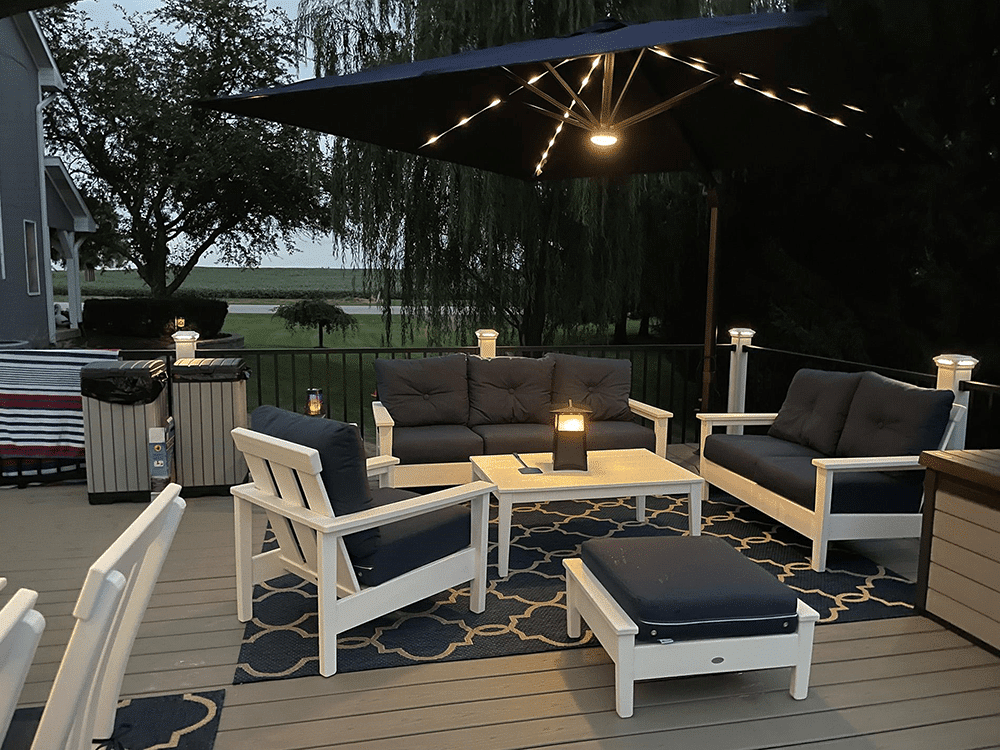 deck lighting ideas - custom backyard multi-level deck builder near me chicago suburbs - composite deck umbrella with lighting