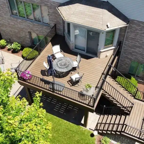 aerial view of a multi-level deck with outdoor furniture